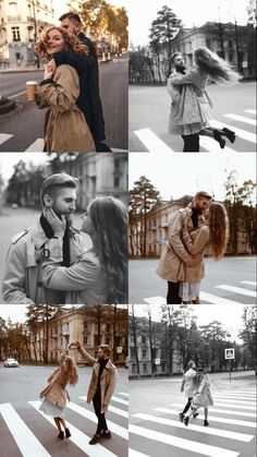 a collage of photos with people in the street and one man kissing another woman