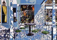 a painting of a blue house with green chairs and tables on the front porch area