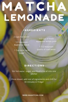 the recipe for matcha lemonade in a mason jar