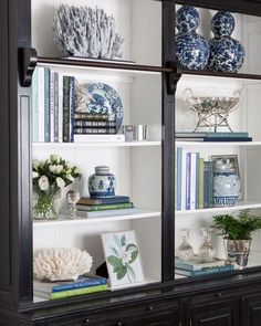 an open bookcase with blue and white vases on top of it, bookshelves in the background