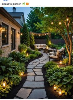 an outdoor patio with lights and landscaping