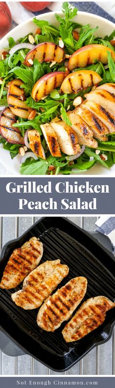 grilled chicken and peach salad on a grill with text overlay that reads grilled chicken, peach salad