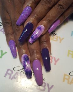 Purple Almond Acrylic Nails, Acrylic Nails Purple, Beach Themed Nails, Purple Nail Art Designs, Purple Nail Art, Nails Purple