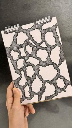 a hand holding up a notebook with black and white designs on the cover, which are spirally shaped