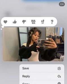 a woman taking a selfie with her cell phone in front of her face and the caption says, save repry copy