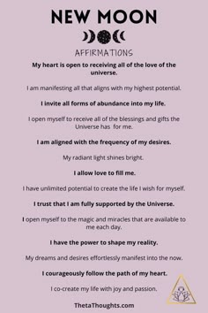 Positive affirmations that allow you to take control of your thoughts and harness their power to create massive positive momentum in your life. When you consciously choose your thoughts you shift your mindset to align with the life you desire. New Moon | Law of Attraction #manifesting #moon New Moon Bath, New Moon Affirmations, Moon Bath Ritual, Moon Bathing, Moon Affirmations, Release Limiting Beliefs, Bath Rituals, New Moon Ritual, Manifestation Prayer