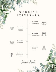 the wedding itinerary is displayed on a white background with green leaves and flowers