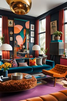 a living room filled with lots of colorful furniture