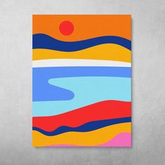 a painting on a wall with an orange sun and blue ocean waves in the background