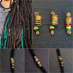 Locs, Braids and Twists Jewellery  Beautiful handmade rasta/ dreadlocks Jewellery, made of swirled brass and  beads. They are the perfect highlight for locs, braids and  twists. Our hair Jewelleries are lightweight and easily to applied to your hair by simply pulling the hair through the loop with your fingers or with a crochet needle as demonstrated in the video of this listing Choose between the gorgeous brass designs with a red, green, yellow and black bead or the beaded on nylon cord design Rasta Dreadlocks, Beads For Braids, Rasta Hair, Dreadlock Hair, Twist Jewelry, Braids And Twists, Accessories Beads, Brass Jewellery, Braid Jewelry