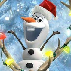 a snowman wearing a santa hat and holding a christmas tree branch with lights on it