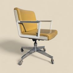 an office chair with wheels and yellow upholstered seat