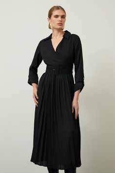 Pleated Georgette Woven Midi Dress | Karen Millen Elegant Fall Office Maxi Dress, Elegant Black Pleated Dress, Elegant Fall Maxi Dress For Office, Long Sleeve Midi Dress For Work With Folds, Elegant Black Pleated Dress For Fall, Elegant Flowy Pleated Skirt For Cocktail, Elegant Flowy Pleated Skirt For Cocktail Occasions, Elegant Long Sleeve Dresses With Folds, Elegant Viscose Midi Dress