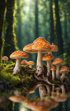 a group of mushrooms sitting on top of a moss covered forest