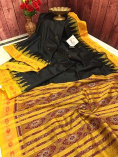 Black and Yellow Color Sambalpuri Silk Saree Kanchi Organza Sarees, Saree In Black, Organza Sarees, On The Border, Temple Design