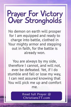 a prayer card with the words, prayer for victory over strangfolds on it