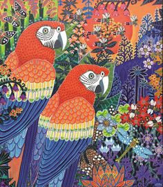 two parrots are standing in the middle of flowers and plants with butterflies on them