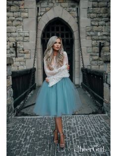 Two Piece Homecoming Dresses See Through Long Sleeve Lace Homecoming Dress ARD1434-SheerGirl Winter Wonderland Outfit Party, Garden Prom Dresses, Winter Wonderland Outfit, Wonderland Outfit, Long Sleeve Homecoming Dress, Ivory Lace Top, Light Blue Skirts, Puffy Skirt, Tulle Homecoming Dress