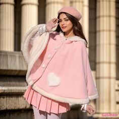 Qteee - Adorable Hooded Short Cloak Coat with Charming Wings, Ears, and Love Heart Design Mantel Cape, Winter Cape, Faux Fur Cardigan, Cloak Coat, Wool Wrap Coat, Fur Cardigan, Kawaii Harajuku, Hooded Poncho, Cat Fashion