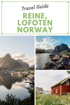 the cover of a travel guide to reine lofoten norway with pictures of houses and mountains