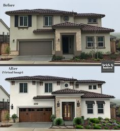 before and after shots of a house with two garages