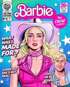 the cover to barbie comics magazine, featuring a blonde woman in a pink dress and cowboy hat