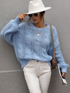 Our Zinny Knit comes in sky blue colour. Fashion meets comfort in this cosy knit top that features a oversize round neckline and long balloon sleeves for a roomy fit. Pair with jeans for a lazy day outfit or complete the look with our Jady Rose Heels. Size Guide: Ambre is 5’2” tall, and has a 33.2” bust, 24.5”waist, & 36.7” hips. She is wearing a S / US 4 / AU 8. This sweater is true to size. Feature: Round neckline. Comfortable fit. Easy wear. Long sleeves. Material: 90% Acrylic, 10% Wool. Care Soft Blue Sweater, Light Blue Knit Sweater Outfits, What To Wear With Blue Jeans, Sky Blue Sweater Outfit, Baby Blue Sweater Outfit, Baby Blue Outfits For Women, Light Blue Top Outfit, Light Blue Outfits