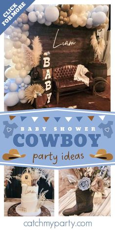 an image of a baby shower party with balloons and decorations on the wall, including a cowboy themed cake