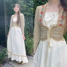 "A beautiful maxi dress from non other than Gunnesax!  * rare black label * 100% cotton * labelled a size 9 (modern XS/S) * lovely lace up detail at waist * buttons at sleeves Great vintage condition - only flaws to note is a slight mark on the skirt, see last photo and another faint mark on right sleeve. Size XS to S (please check measurements!) Fit snuggly on model  Bust 34\" Waist 26\" Hips up to 42\" Shoulder 13.5\" Length 55\" Sleeve Length 22.5\"" 1970s Prairie Fashion, Cotton Maxi Dress With Fitted Bodice, Fitted Floor-length Cotton Maxi Dress, Fitted Cotton Maxi Dress With Empire Waist, Fitted Maxi Length Prairie Dress, Fitted Empire Waist Maxi Dress For Fall, Fall Maxi Dress With Fitted Bodice, Fitted Cotton Prairie Dress With Empire Waist, Fitted Cotton Maxi Dress For Garden Party