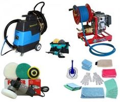 several different types of cleaning equipment including a machine, sponges, and other items