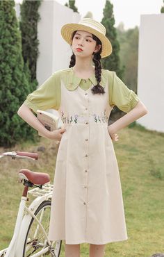 Wild Garden Button Pinafore Dress (3 Colors) Beige Pinafore Dress Outfit, Florist Outfit, Vintage Fitted Pinafore Dress For Spring, Cottagecore Dress With Apron, Button Pinafore Dress, Cottagecore Pinafore, Pinafore Dress Outfit, Spring Cottagecore Pinafore Dress, Soft Girl Clothes