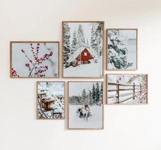 four framed photographs hang on the wall in front of a white wall with snow covered trees