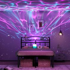 a bed room with a neatly made bed and purple lights on the wall above it