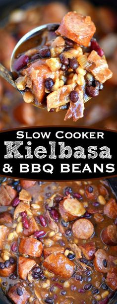 slow cooker kielbasa and bbq beans recipe is shown with the title