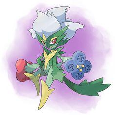 a drawing of a green and yellow pokemon with blue eyes, holding a red heart