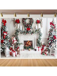 a fireplace decorated for christmas with red and white decorations