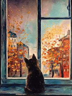 a painting of a cat sitting on a window sill looking out at the city