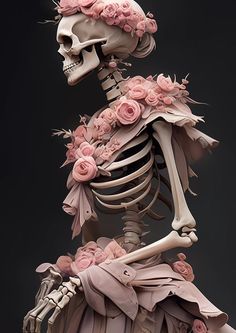 a skeleton with pink flowers on it's head and chest, in front of a black background