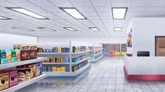 an artist's rendering of a grocery store with shelves full of food and snacks