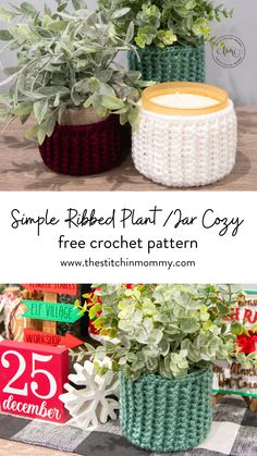 two crocheted plant pots sitting next to each other on top of a table