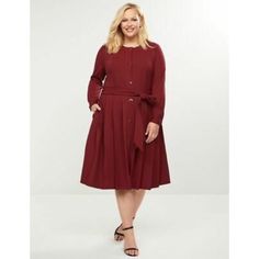 Lane Bryant Pleated Skirt Dress, Long Sleeves Midi Plus Size 22/ 24 New With Tag $99.95 The Button-Front Dress Is A Timeless Classic For A Reason, And With Bold Pleats In The Skirt And Bright Resin Buttons, This One Offers The Perfect Updates. Pair With Ankle Boots For Workdays And Wine Nights, Or Mix It Up By Wearing It Open Over Jeans And A Tee For A Cool Weekend Look. Features: -Scoop Neck -Long Sleeves With Single-Button Cuffs -Matching Self-Tie Belt And Loops At Waist -Side Pockets -Button- Solid Full Skirt Dresses For Work, Solid Color Full Skirt Dress For Work, Burgundy Knee-length Workwear Midi Dress, Burgundy Knee-length Midi Dress For Work, Pleated Skirt Long, Plus Size Red Dress, Pleated Skirt Dress, Feminine Blouses, Dress Pleated