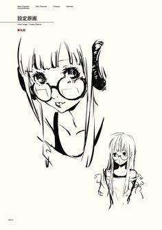 an anime character with long hair and glasses, next to another character in black and white