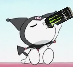 a cartoon character holding up a monster energy drink