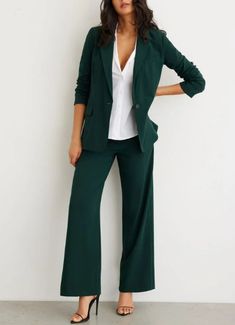 Elegant Semi-formal Full-length Pantsuit, Elegant Full-length Semi-formal Pantsuit, Elegant Green Sets With Suit Collar, Elegant Party Suits, Elegant Wedding Dress Pants, Elegant Dress Pants For Wedding, Elegant Full-length Dress Pants For Wedding, Chic Green Formal Suit, Elegant Tailored Dress Pants For Wedding