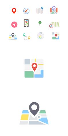 several different types of icons are shown in this graphic design style, including the map and location