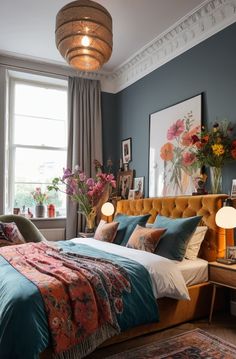 a bed sitting in a bedroom next to a window filled with lots of colorful flowers