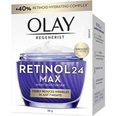 Olay Regenerist Retinol24 Max Anti Aging Night Moisturiser 50 g Skincare Visibly Reduces Wrinkles IN Just 7 NIGHTSFormulated with Maxmium Bioavailable Retinoid* that renews skin for 24 hours plus Maximum Hydrators** which hydrates the skin to balance out the dryness, a potential side effect of Retinoid.97% noticed wrinkles improved^^ Night 1: Hydrates for plumper skin Night 7: Visibly reduces fine lines and wrinkles Night 28: Improve even deep wrinkles like crows feet, smile lines and frown line Olay Retinol, Tighten Facial Skin, Anti Aging Night Cream, Night Skin Care Routine, Smile Lines, Retinol Cream, Olay Regenerist