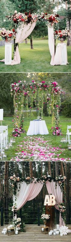 an outdoor wedding setup with pink and white flowers