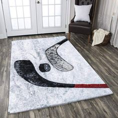 a white area rug with an image of a smiling face on the floor in front of a door