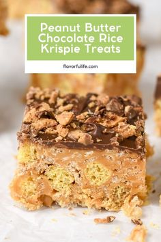 peanut butter chocolate rice krispie treats with text overlay